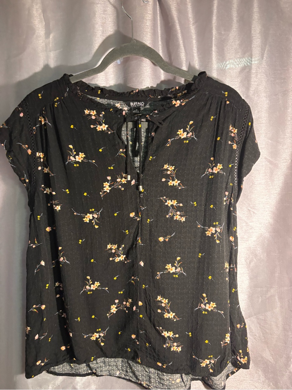 Buffalo David Bitton Black Floral Tie-Neck Blouse